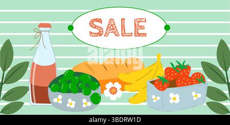 Verkaufsbanner mit Obst und Saftflasche. Stock Vektor