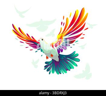 Der farbenfrohe Vogel des Friedens, die Taube. Handzeichnung. Nicht AI. Vektorabbildung Stock Vektor