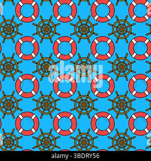 Nahtloses nautisches Zeichentrickmuster im Sommer mit Lenkrädern und Rettungsbojen auf blauem Hintergrund. Für Sommer-, See- und Meeresbekleidung, BE Stock Vektor