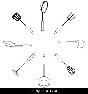 Sieben Werkzeuge im Kreis. Spachtel und Schöpflöffel. Einfache Vektorsymbole. Sauberes Schwarzweißlayout. Stock Vektor