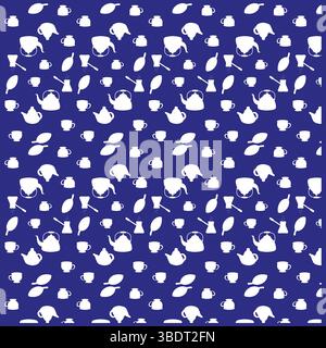 Muster aus Teekanne und Tassen. Vektor der Getränkesymbole. Blauer Hintergrund wiederholen. Weiße Küchenformen. Stock Vektor