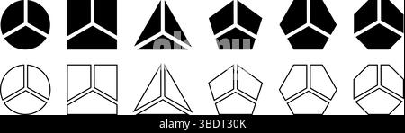 Grundlegende geometrische Formen, die in 3 Teile unterteilt sind, isoliert auf weißem Hintergrund. Rund, quadratisch und dreieckig, pentagon, Sechseck und Achteckform, geschnitten in drei gleiche Klippen. Vektorgrafik. Stock Vektor