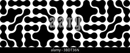 Metaball-Muster. Schwarze Flüssigkeitstropfen oder amorphe Formen isoliert auf weißem Hintergrund. Textur organischer Blobs oder Moleküle. Moderner abstrakter Druck mit verbundenen Punkten. Vektorgrafik. Stock Vektor
