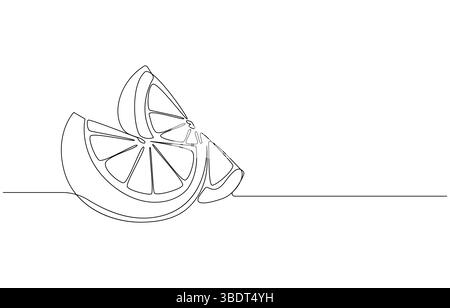 Orange Slices Eine Einzelzeilenzeichnung der Zitrusfrucht, minimalistische Line Art Illustration einer Zitronenscheibe, Orange Frucht Slice mit Blatt - minimalistische Linie A Stock Vektor