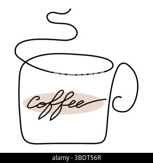 Abbildung Kaffeetasse. Minimale Strichstärke. Schwarzer Vektor mit beigefarbenem Text. Dampfwirbel. Stock Vektor