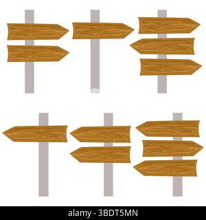 Abbildung des Wegweisersatzes. Hölzerne Pfeilschilder. Braune Vektorsammlung. Stock Vektor