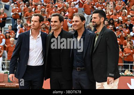 Paris, Frankreich. Mai 2025. Novak Djokovic, Roger Federer, Rafael Nadal und Andy Murray nehmen am 25. Mai 2025 bei den French Open im Roland Garros in 2025 Paris Teil. Foto: Laurent Zabulon/ABACAPRESS.COM Credit: Abaca Press/Alamy Live News Stockfoto
