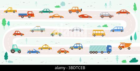 Straßenkarte mit Illustrationen im Cartoon-Stil. Abstrakter Highway Traffic-Druck für Textilien, Bekleidung, Stoff, Teppich, Kinderstuch. Nette Kinder einfache Poster Vektor Abholung, Bus Traktor LKW, Taxi Stock Vektor