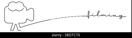 Filmaufnahmen, einzeiliges Kamerasymbol mit Bildunterschrift. Zeichnungsstil für durchgehende Linien. Fußzeile, Kopfzeile. Vektorillustration isoliert auf weißem Hintergrund. Stock Vektor