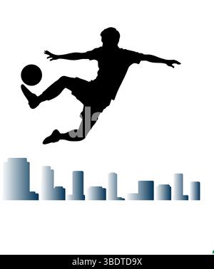 Fußballspieler Kicking Ball Mid Air Silhouette Vektor mit Stadt Skyline für Sport Action, Fußball Spiel Stock Vektor