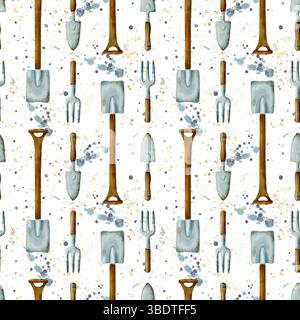Dies ist eine vielfältige Kollektion mit Illustrationen verschiedener Gartenwerkzeuge, die perfekt für mehrere Designprojekte geeignet sind. Hand gezeichnetes nahtloses Aquarellmuster auf weißem Hintergrund zum Drucken auf Stoff und Papier. Stockfoto