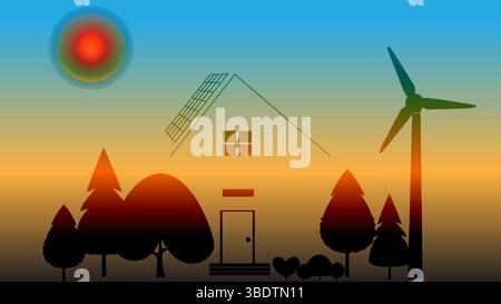 Nachhaltiges Wohnen: Umweltfreundliches Haus mit Solarpaneelen und Windturbine Stock Vektor