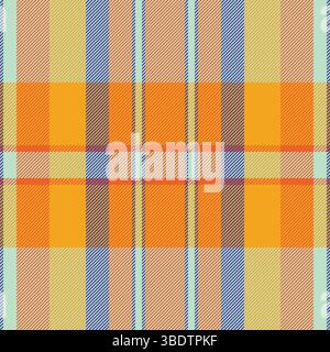 Lebendiges Karomuster mit verflochtenen Streifen in Orange, Blau und Gelb. Ideal für Textildesign, Hintergründe oder für ein farbenfrohes, strukturiertes Tragegefühl Stock Vektor