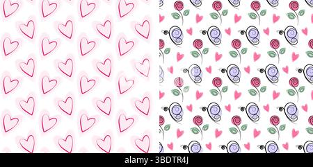 Handgezeichnete, dekorative Herzen und nahtlose Muster mit stilisierten Rosenblüten und Schmetterlingen lieben Emotionen. Isolierter Vektor Valentinstag oder Sommer Hintergründe Grußkarten, Dekoration, Scrapbooking Idee Stock Vektor