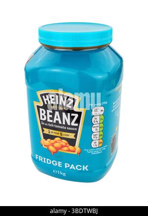 Heinz gebackene Bohnen und Tomatensauce in einem 1 kg schweren wiederverschließbaren Kühlschrank mit fünf empfohlenen Portionen Stockfoto