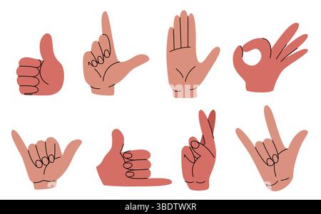 Sketch-Handgesten kritzeln - Daumen hoch OK-Zeichen, Daumen gekreuzt und shaka hängen lose Symbole isoliert auf weiß. Vereinfachte Vektorillustrationen für nonverbale Kommunikationsausdrücke Emoticons Stock Vektor