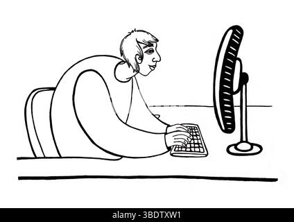 Mann, der am Computer arbeitet. Junger Mann, im Profil, der auf den Monitor blickt, Hände auf der Tastatur. Arbeitsprozess, Büro, Arbeit von zu Hause aus. Strichgrafik. Stilisierte Illustration in schwarzer Umrandung. Weißer Hintergrund. Stockfoto