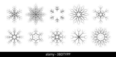 Trendige Vintage Stipple Dots Schneeflocken Kollektion. Niedliches Set aus gepunkteten Eisformen. Symbole für Weihnachten oder Neujahr mit Verlaufsverlauf Stock Vektor