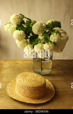 Blumenstrauß aus weißen Schneeballviburnum-Blüten in Vase und Strohhut auf Holztisch Stockfoto