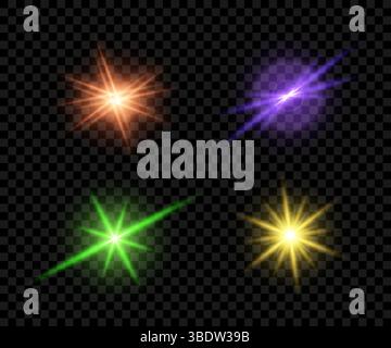 Set aus bunten Objektivlichtern, die schwarzen Hintergrund beleuchten und digitalen Grafiken, Grafikdesign und Videobearbeitung einen Hauch von Magie und Brillanz verleihen Stock Vektor