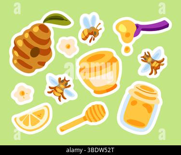 Niedliches Aufkleberset Mit Honigbiene Stock Vektor