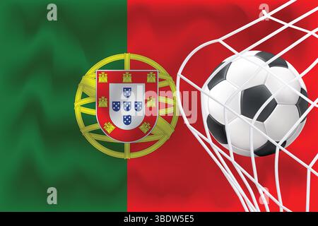 Editierbare 3D-Flagge für Portugal mit Fußball und Netz. Perfekt für Sportposten, Promos zum Spieltag und Grafiken zur Weltmeisterschaft. Ideal für Banner und Anzeigen. Stock Vektor