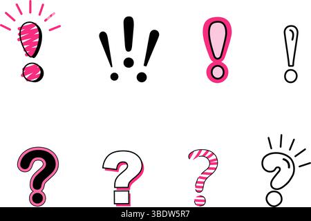 Ausrufezeichen-Symbol in roter Sprechblase. Lineares Fragezeichen. Mit schwarzer Linie, Doodle-Stil. Stock Vektor