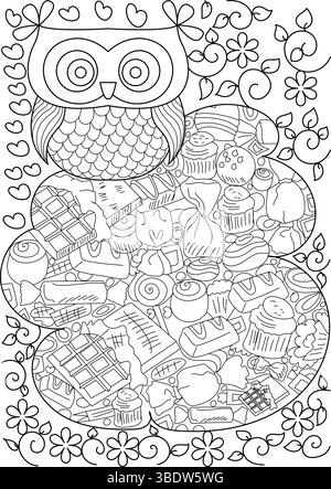 Detaillierte Illustration einer skurrilen Eulenform, gefüllt mit verschiedenen Süßigkeiten, Schokolade, Cupcakes und Süßigkeiten, umgeben von dekorativen Blumen Stock Vektor