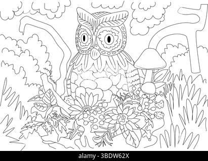 Schwarz-weiße Strichgrafik-Illustration einer skurrilen Eule, die zwischen detailliertem Laub, Blumen und Pilzen in einer Waldszene sitzt. Perfekt als Colo Stock Vektor