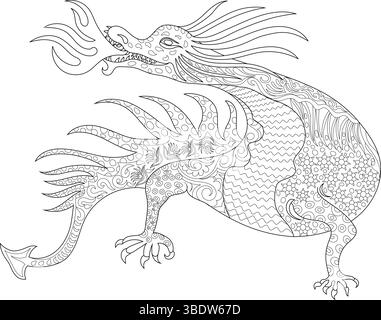 Detaillierte schwarz-weiße Strichgrafik-Illustration eines Fantasy-Drachen, der Feuer atmet, gefüllt mit komplexen Mustern und Texturen. Geeignet zum Färben von bo Stock Vektor
