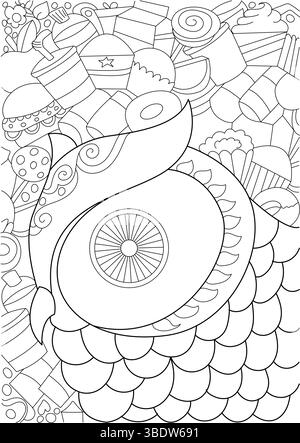 Schwarz-weiße Umrissillustration zum Färben, mit einer niedlichen Karikatureule mit komplizierten Mustern, umgeben von einem geschäftigen Hintergrund verschiedener SW Stock Vektor