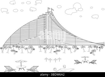 Schwarz-weiße Strichgrafik des Jumeirah Beach in Dubai, mit dem berühmten Burj Al Arab Hotel im Hintergrund, Palmen, Liegestühle, Stock Vektor