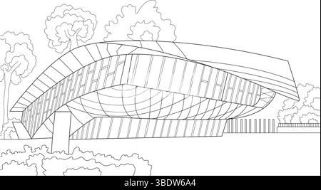 Einfache Strichkunst-Illustration des modernen Etihad Museums in Dubai, Vereinigte Arabische Emirate. Dieses architektonische Wahrzeichen zeigt die Geschichte der VAE Stock Vektor
