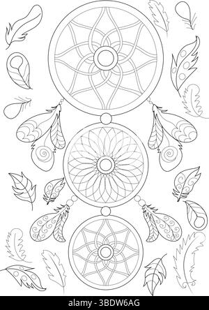 Schwarz-weiße Umrisszeichnung eines Traumfängers mit mehreren Ringen und dekorativen Federn. Ideal zum Ausmalen von Seiten, spirituellen Themen, Bohemian de Stock Vektor