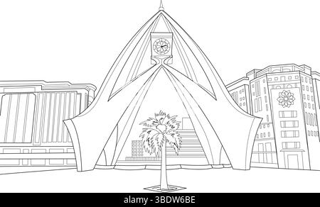 Strichkunst-Illustration des berühmten Deira Clock Tower in Dubai, Vereinigte Arabische Emirate, mit umliegenden Gebäuden und einer Palme. Perfekt als Co Stock Vektor