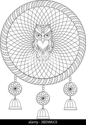 Aufwändige Stylenkunst-Illustration eines Traumfängers mit einem stilisierten Eulenkopf im mittleren Web. Dekoriert mit geometrischen Blumenmustern und Glocke Stock Vektor