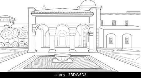 Detaillierte Schwarzweiß-Strichgrafik, die die Architektur des Dubai Polo and Equestrian Club einfängt. Die Zeichnung weist hervorstehende Bögen auf Stock Vektor