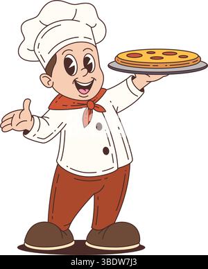 Küchenmaskottchen in weißer Uniform mit rotem Schal, der eine Pizza hält und lächelnd ist, perfekt für Food Branding oder Restaurant-Identität. Vektorabbildung Stock Vektor