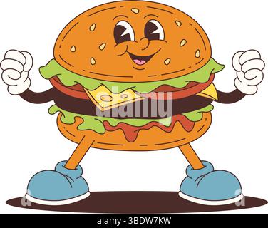 Energiegeladenes Burger-Maskottchen mit lächelndem Gesicht, Käse, Salat und Sauce, selbstbewusst in Turnschuhen stehend und die Fäuste hoch. Ideal für Marketing, brandi Stock Vektor