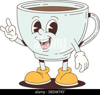 Happy Cartoon Teetasse Maskottchen mit einem hellen Lächeln und gelben Schuhen, ideal für Branding, Verpackung oder Werbematerialien. Perfekt für verspielte Conten Stock Vektor