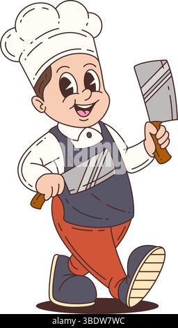 Koch-Maskottchen in dynamischer Laufposition mit einem Messer, mit weißem Hut und Schürze. Farbenfrohe Zeichentrickfigur, geeignet für kulinarische Branding oder Werbung Stock Vektor