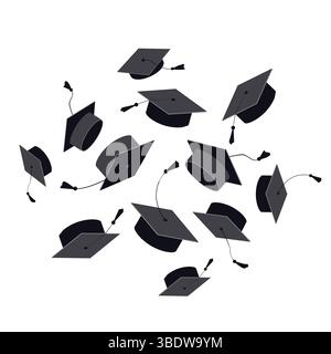 Wolke aus schwarzen Graduierungskappen mit Quasten, die in der Luft auf weißem Hintergrund schweben. Designelement für Abschlussfeier. Vektorabbildung Stock Vektor