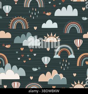 Niedliches Boho Rainbow-Muster mit Herzen, Wolken, Vögeln und Heißluftballons. Hintergrund im scandianischen Stil. Vektorabbildung Stock Vektor