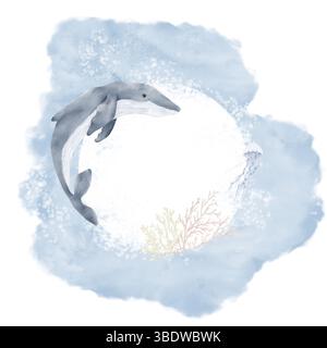 Ein fröhlicher Grauwal und eine elegante Qualle, Korallenzweige und Meereswellen. Aquarellabbildung. Marine Grußkarte mit blauen Wellen, isoliert Stockfoto