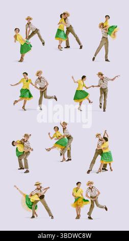 Collage. Energiegeladenes Retro-Duo, das mit Sprüngen, Liften und verspielten Schritten in bunten Outfits vor weißem Hintergrund tanzt. Stockfoto