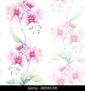 Nahtloses Muster mit rosafarbenen Orchideen. Aquarellillustration mit zarten exotischen Blumen und grünen Blättern auf weißem Hintergrund. Perfekt zum Einwickeln von Papier Stockfoto