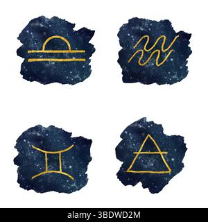 Astrologische Sternzeichen am Sternenhimmel. Aquarellabbildung. Libra, Aquarius, gemini Set, isoliert auf weißem Hintergrund. Das Thema Astrologie Stockfoto