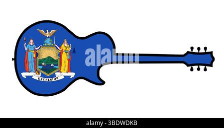 Traditionelle Silhouetten in Gitarrenform isoliert auf weißem Hintergrund mit der New Yorker Staatsflagge Stockfoto