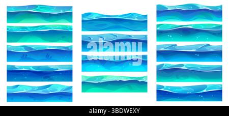 Cartoon-Spiel Fluss-, Ozean-, Meer- und Seewasserwellen Oberflächenquerschnitt. Vektorsatz mit aquatischen Wellenstrukturen in klaren Türkis- bis tiefblauen Tönen, mit Blasen und Lichtreflexionen Stock Vektor