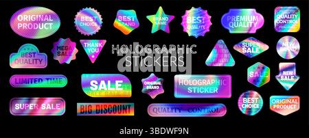 Holografische Aufkleber Hologramm Verkaufsetiketten, y2k irisierende Farbabzeichen. Vektor-Set aus Patches oder Tags mit verschiedenen Formen und Phrasen, bieten eine futuristische Retro-Ästhetik für Promotion und Verkauf Stock Vektor